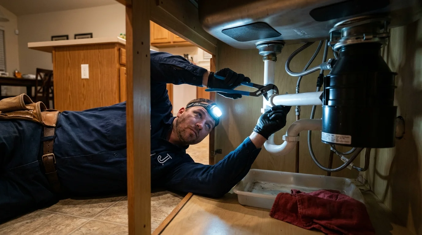 P-trap and supply line connections under a kitchen sink showing a common leak point in Litchfield, CT
